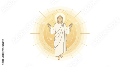 Jesus Christ Resurrected Ascending to Heaven with Glowing Light.