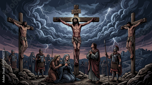 Jesus Christ Crucifixion Scene with Two Thieves on Crosses and Mourners Below.
