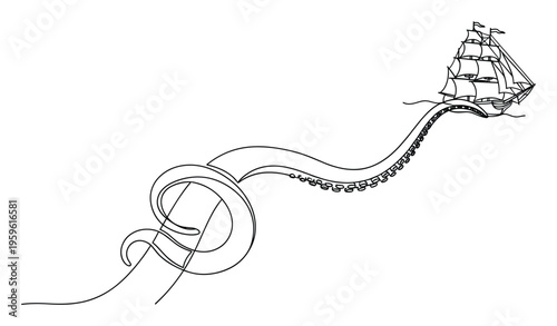 Black continuous line drawing of a majestic sailing ship on the high seas attacked by a giant kraken tentacle, perfect for nautical themed designs or adventure story graphics.