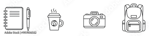 Outline icons of everyday essentials for daily life or travel, depicting a notebook, pen, hot coffee cup, camera, and backpack, ideal for educational, travel, or lifestyle projects.