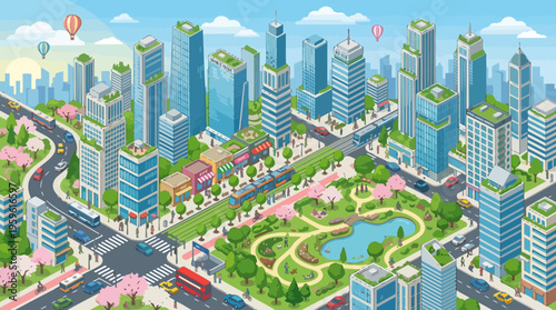 Modern Cityscape with Skyscrapers, Parks, and Roads.