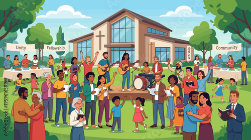 Diverse Community Gathering Outside Modern Church Building.