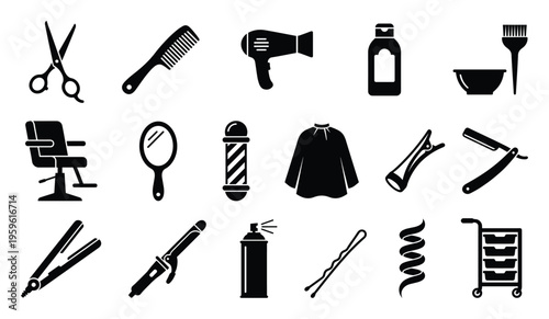 Hairdresser and barbershop equipment and tools vector icon set depicting essential salon items for business advertisements, service menus, web graphics, and mobile application designs