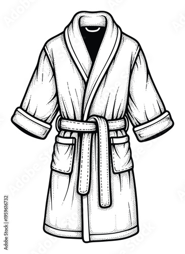 A comfortable black and white stipple graphic drawing of a textile bathrobe with a tied belt and cuffed sleeves, ideal for depicting luxury loungewear, wellness, and cozy home wear concepts.
