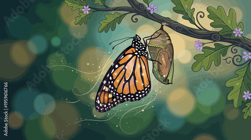 Monarch butterfly emerging from chrysalis on a branch.