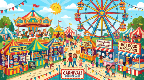 Vibrant carnival fairground with people enjoying rides and attractions.