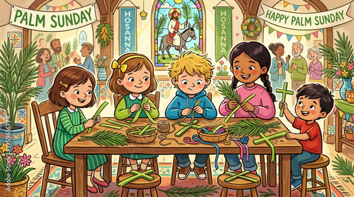 Children Celebrating Palm Sunday Crafting Palm Fronds Together.