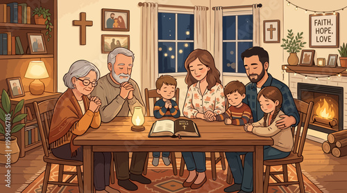 Family Praying Together Around Table with Bible and Candlelight.