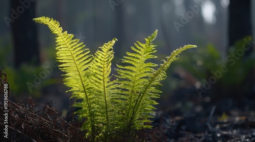 Lush green fern fronds illuminated by soft sunlight in a misty forest setting