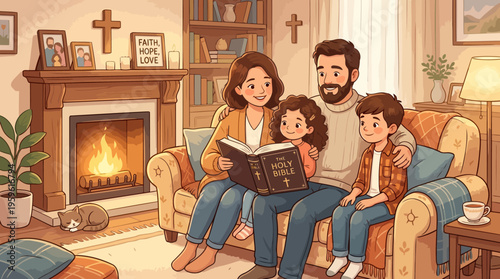 Family Reading Bible Together in Cozy Living Room.