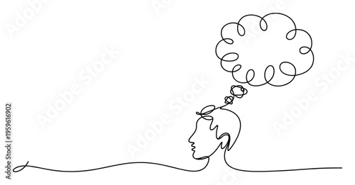 Continuous line drawing of a human head in profile with a tangled thought process leading to a cloud bubble, suitable for symbolizing contemplation or mental activity in presentations and