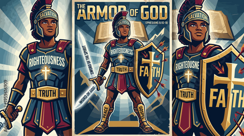 Brave Soldier with Armor and Shield Representing Faith and Righteousness.