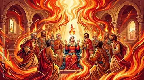 Pentecost Event Depicting Holy Spirit Descent Upon Disciples.