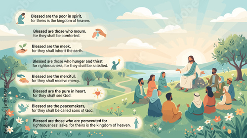 Jesus Christ delivering the Sermon on the Mount to a gathering of disciples and followers, illustrating biblical teachings and parables.