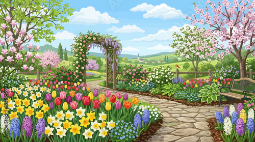 Beautiful Spring Garden with Colorful Blooming Flowers and Stone Path.