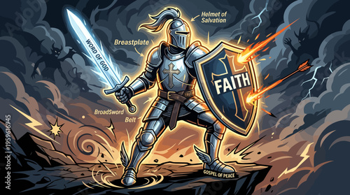 Brave Knight with Sword and Shield Representing Faith and Protection.