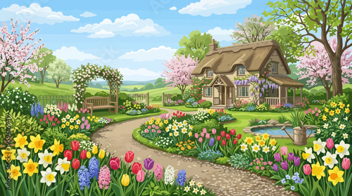 Charming Cottage Garden Path with Colorful Spring Flowers.