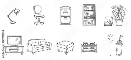 Essential hand drawn outline illustrations of diverse home and office furniture along with everyday household items for interior design projects, room layouts, and lifestyle concepts.