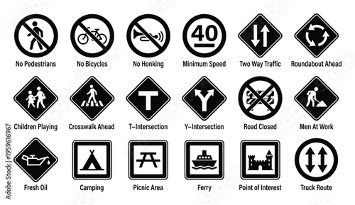 Comprehensive collection of universal monochrome traffic and informational road signs providing essential guidance for drivers, pedestrians, and travelers in diverse public and private