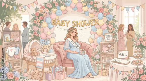 Pregnant Woman Celebrating Baby Shower in Decorated Room.