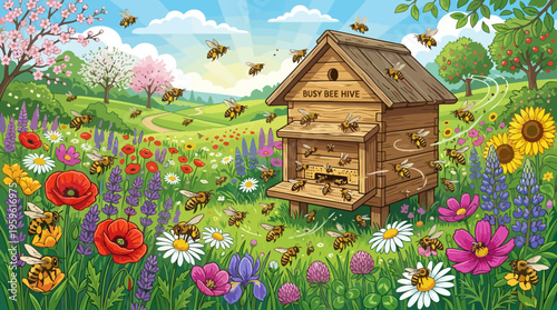Wooden Beehive with Honey Bees in a Vibrant Summer Flower Field.