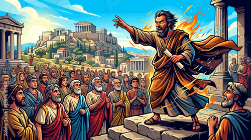 Ancient Greek Philosopher Orator Speaking to Crowd in Agora.