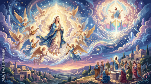 Divine Vision of Mary and Angels in Heavenly Light.