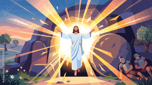 Jesus Christ Resurrected from Tomb with Brilliant Light and Glory.