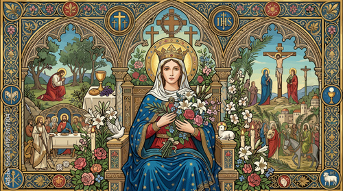 Religious painting of Mary Queen of Heaven surrounded by biblical scenes.