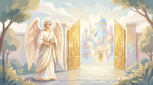 Divine Angel Standing Guard at the Golden Gates of Heaven.