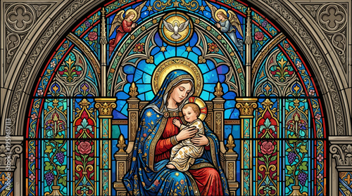Vibrant Stained Glass Window Depicting Mary and Jesus Child.