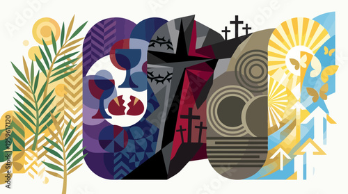 Abstract depiction of Christian Holy Week events and symbols.