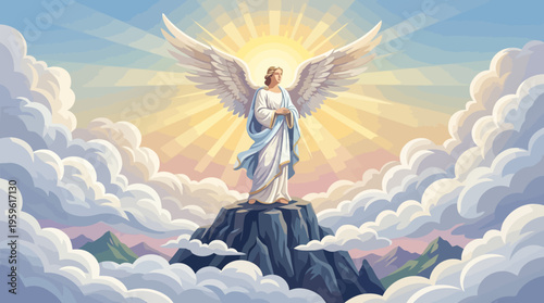 Majestic Angel Standing on Mountain Peak with Radiant Light.