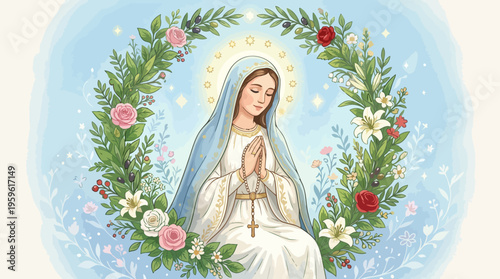 Blessed Virgin Mary in Prayer with Rosary Beads.