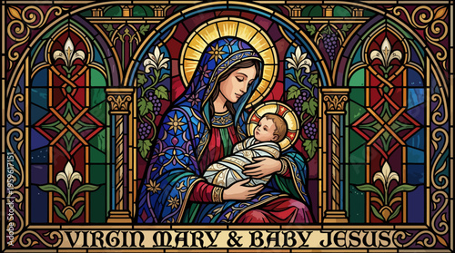 Stained Glass Depicting Virgin Mary Holding Baby Jesus in Vibrant Colors.