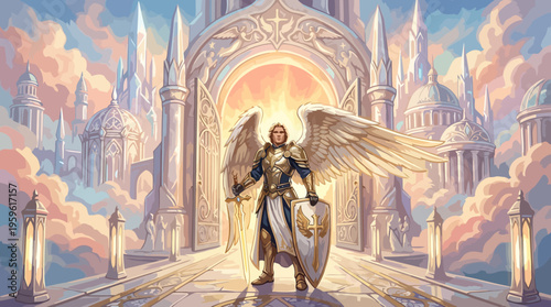 Majestic Archangel Warrior with Golden Wings and Shining Armor.