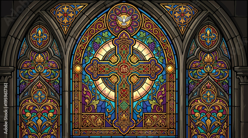 Intricate Stained Glass Window with Central Cross Design in a Church.