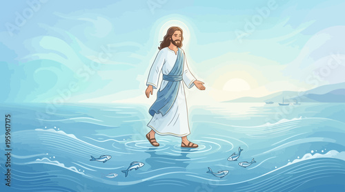 Jesus Christ Walking Serene on Water with Calm Expression.