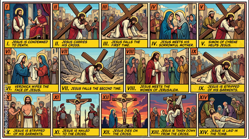 Religious depiction of the Stations of the Cross, illustrating Jesuss final journey and sacrifice.