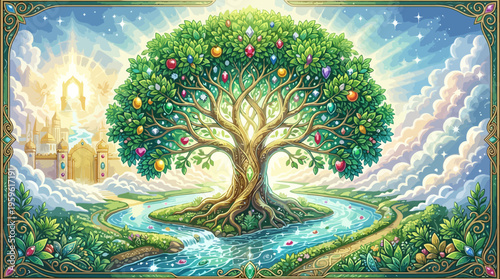 Vibrant Tree of Life with Lush Green Foliage and Radiant Light.