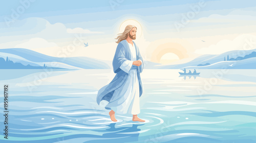 Jesus Christ Walking on Water with Serene Expression.