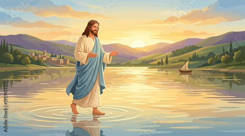 Jesus Christ Walking on Water at Sunset, a Divine Miracle.
