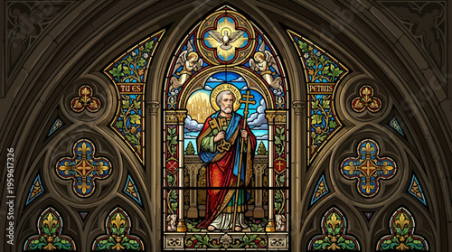 Beautiful Stained Glass Window Depicting Saint in Church.