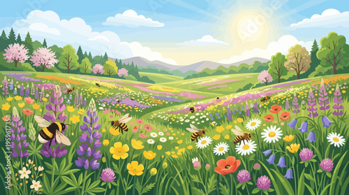 Vibrant Wildflower Meadow with Buzzing Bumblebees.