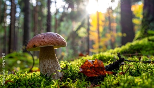 A solitary porcini mushroom emerges from a mossy forest floor bathed in soft sunlight.