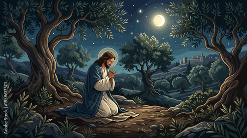 Jesus Christ Praying in Garden at Night Under Moonlight.