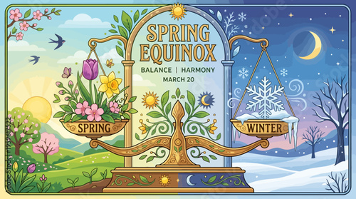 Spring Equinox Balance Harmony Seasonal Transition Illustration.