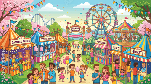 Vibrant and Lively Carnival Fairground with Cheerful People Enjoying Various Attractions and Games.