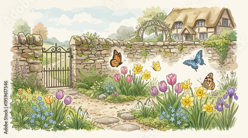 Vibrant Spring Garden with Blooming Flowers and Butterflies.