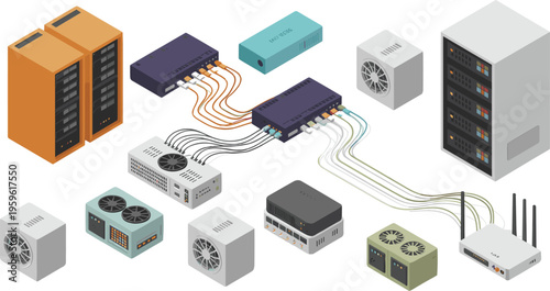 Data center network infrastructure, servers, routers and switches connected with cables, cloud computing hardware, technology system, isometric illustration concept design